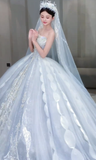 Gorgeous Ball Gown Strapless Tulle Sequin With Veil Long Wedding Dresses HZ1024