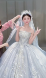 Gorgeous Ball Gown Strapless Tulle Sequin With Veil Long Wedding Dresses HZ1024