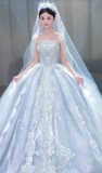 Gorgeous Ball Gown Strapless Tulle Sequin With Veil Long Wedding Dresses HZ1024