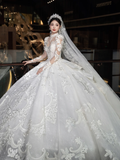 Dreamy Ball Gown Tulle Lace Applique Long Sleeves With Veil Long Wedding Dresses HZ1024