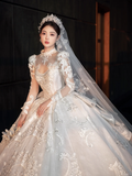 Dreamy Ball Gown Tulle Lace Applique Long Sleeves With Veil Long Wedding Dresses HZ1024