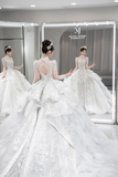 Gorgeous Ball Gown Tulle Sequin Long Sleeves Long Wedding Dresses HZ1024
