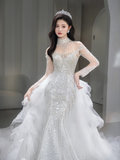 Timeless Mermaid Tulle Sequin Beaded Long Sleeves Long Wedding Dresses HZ1024