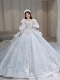 Timeless Ball Gown Tulle Sequin Beaded Long Sleeves Long Wedding Dresses HZ1024