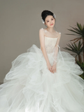 Pretty Ball Gown Strapless Tulle Long Wedding Dresses HZ1024