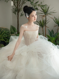 Pretty Ball Gown Strapless Tulle Long Wedding Dresses HZ1024