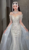 Unique Mermaid Off The Shoulder Tulle Sequin Long Sleeves Long Wedding Dresses HZ1024