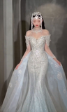 Unique Mermaid Off The Shoulder Tulle Sequin Long Sleeves Long Wedding Dresses HZ1024
