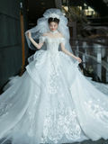 Dreamy Ball Gown Off The Shoulder White Tulle Lace With Veil Long Wedding Dresses HZ1024