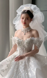 Dreamy Ball Gown Off The Shoulder White Tulle Lace With Veil Long Wedding Dresses HZ1024