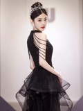 Sexy A line High Neckline Long Black Prom Dress HZ1024