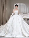 Classy Ball Gown Strapless Satin Applique With Veil Gloves Long Wedding Dresses HZ1024
