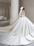 Classy Ball Gown Strapless Satin Applique With Veil Gloves Long Wedding Dresses HZ1024