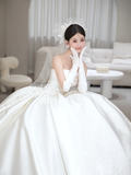 Classy Ball Gown Strapless Satin Applique With Veil Gloves Long Wedding Dresses HZ1024