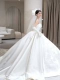 Classy Ball Gown Strapless Satin Applique With Veil Gloves Long Wedding Dresses HZ1024