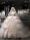 Luxurious Ball Gown Tulle Lace Sequin Beaded Long Sleeves With Veil Long Wedding Dresses HZ1024