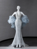 Luxurious Mermaid Halter V Neck Tulle Beaded With Cape Long Wedding Dresses HZ1024