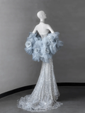 Luxurious Mermaid Halter V Neck Tulle Beaded With Cape Long Wedding Dresses HZ1024