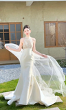 Dreamy Mermaid Halter Satin Tulle Long Wedding Dresses HZ1024