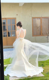 Dreamy Mermaid Halter Satin Tulle Long Wedding Dresses HZ1024