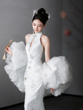 Timeless Mermaid White Halter Satin Tulle Sequin Long Wedding Dresses HZ1024