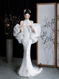 Timeless Mermaid White Halter Satin Tulle Sequin Long Wedding Dresses HZ1024