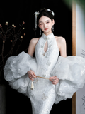 Timeless Mermaid White Halter Satin Tulle Sequin Long Wedding Dresses HZ1024