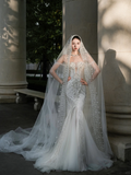 Gorgeous Mermaid Off The Shoulder Tulle Lace Beaded With Veil Long Wedding Dresses HZ1024