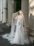 Gorgeous Mermaid Off The Shoulder Tulle Lace Beaded With Veil Long Wedding Dresses HZ1024