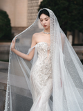 Gorgeous Mermaid Off The Shoulder Tulle Lace Beaded With Veil Long Wedding Dresses HZ1024