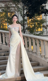 Unique Mermaid One Shoulder Satin Tulle Beaded Long Wedding Dresses HZ1024