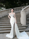 Unique Mermaid One Shoulder Satin Tulle Beaded Long Wedding Dresses HZ1024