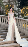 Unique Mermaid One Shoulder Satin Tulle Beaded Long Wedding Dresses HZ1024