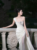 Unique Mermaid One Shoulder Satin Tulle Beaded Long Wedding Dresses HZ1024
