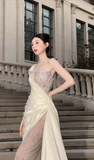 Unique Mermaid One Shoulder Satin Tulle Beaded Long Wedding Dresses HZ1024