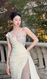 Unique Mermaid One Shoulder Satin Tulle Beaded Long Wedding Dresses HZ1024
