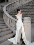 Unique Mermaid One Shoulder Satin Tulle Beaded Long Wedding Dresses HZ1024