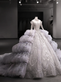 Luxurious Ball Gown Off The Shoulder Tulle Lace Sequin Beaded Long Sleeves Long Wedding Dresses HZ1024