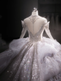 Luxurious Ball Gown Off The Shoulder Tulle Lace Sequin Beaded Long Sleeves Long Wedding Dresses HZ1024