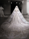 Luxurious Ball Gown Off The Shoulder Tulle Lace Sequin Beaded Long Sleeves Long Wedding Dresses HZ1024
