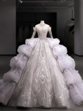Luxurious Ball Gown Off The Shoulder Tulle Lace Sequin Beaded Long Sleeves Long Wedding Dresses HZ1024