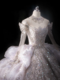Luxurious Ball Gown Off The Shoulder Tulle Lace Sequin Beaded Long Sleeves Long Wedding Dresses HZ1024