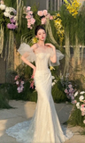 Pretty Mermaid Off The Shoulder Tulle Lace Long Wedding Dresses HZ1024