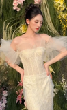 Pretty Mermaid Off The Shoulder Tulle Lace Long Wedding Dresses HZ1024