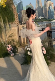 Pretty Mermaid Off The Shoulder Tulle Lace Long Wedding Dresses HZ1024