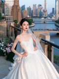 Simple Eelegant Ball Gown Strapless Satin With Veil Long Wedding Dresses HZ1024