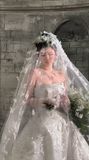 Pretty Ball Gown Strapless Tulle Lace Sequin With Veil Long Wedding Dresses HZ1024