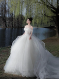 Elegant Ball Gown Off The Shoulder Tulle Long Wedding Dresses HZ1024