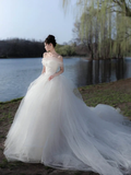 Elegant Ball Gown Off The Shoulder Tulle Long Wedding Dresses HZ1024