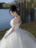 Elegant Ball Gown Off The Shoulder Tulle Long Wedding Dresses HZ1024